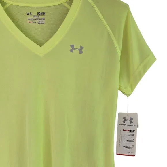 NWT Under Armour Womens Medium HeatGear V-Neck Semi-Fitted Shirt Neon Yellow - Picture 4 of 10
